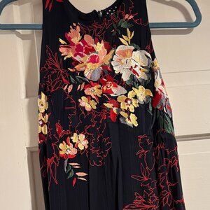 Anthropologie 4P Navy with floral applique midi silky dress